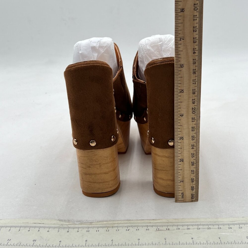 FSJ Brown Suede Round Toe Mules High Chunky Heeled Sandals Slip On Platform Shoe - Picture 5 of 8